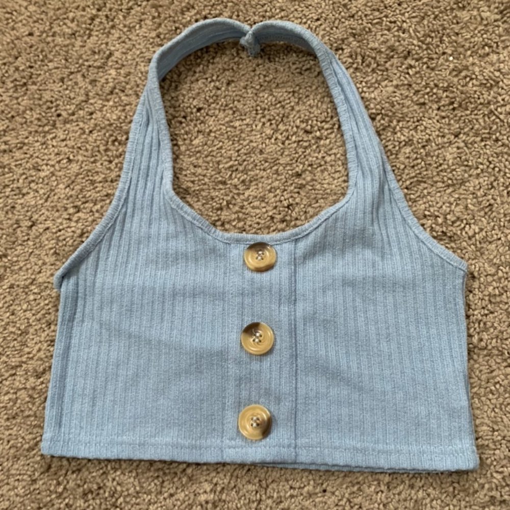 Light blue halter crop top, decorative buttons
